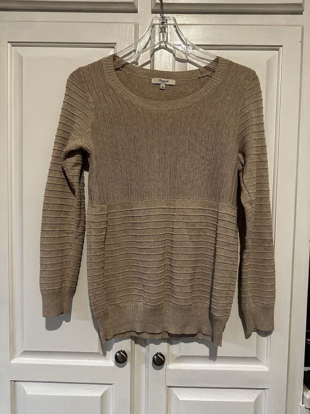 Madewell Women’s Sweater Size Small Ribbed Beige Preppy Crew Neck Light Weight